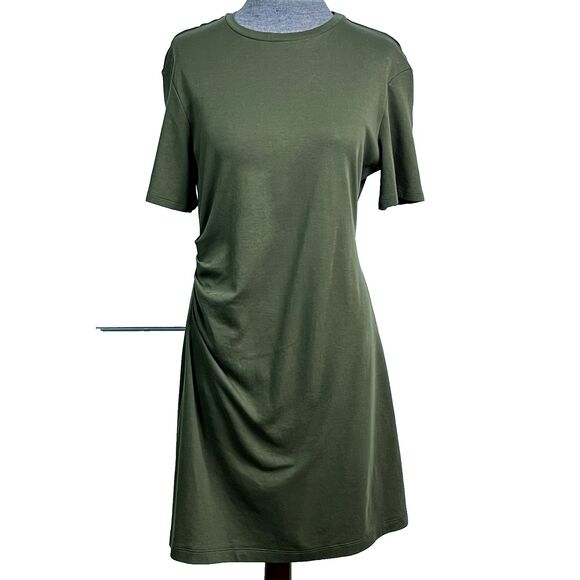 THEORY Side Drape Mini Tee Dress Pima Cotton Olive Casual Sz Large - Picture 1 of 9